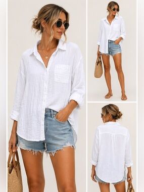 Lola River White Cotton Gauze Button Up Shirt XL